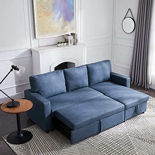 Sectional Sofa with Pull Out Bed, HABITRIO Solid Wood & Stone Fabric Upholstered Loveseat Sofa and Reversible Chaise Lounge w/Storage, Modern Design 85