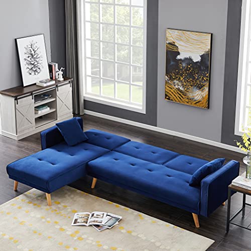 Recaceik Convertible Sectional Sofa Couch, Modern Velvet L-Shaped Chaise Lounge Sectional with Pillow and headrest, Sectional Couches for Living Room, Bule