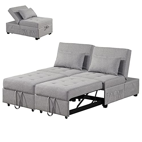 IPKIG Convertible Chair Sleeper Bed, 4 in 1 Multi-Function Sleeper Sofa Folding Ottoman Modern Linen Fabric Guest Bed with Lumbar Pillow and Adjustable Sleeper for Small Space Apartment (Grey-2PCS)