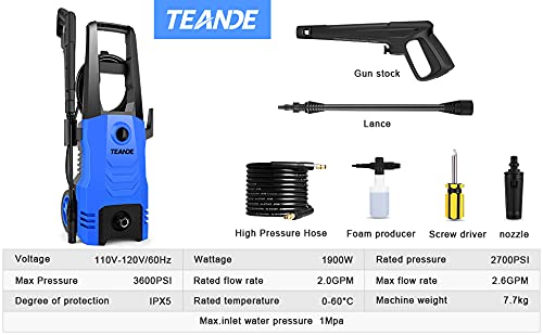 TEANDE Pressure Washer, 3600PSI Electric Power Washer, 1900W High Pressure Washer, Professional Washer Cleaner, with All-in-One Adjustable Nozzle , Best for Cleaning Cars,Driveways,Patios(Blue)