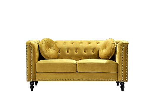 US Pride Furniture High Density Foam 64.17'' Wide Golden Velvet Rolled Arm Chesterfield Living Room Loveseat with Removable Cushion & Solid Wood Legs (S5608-5613) Sofas, Strong Yellow