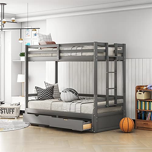 Twin Over Twin/Full/Queen/King Bunk Bed, New Version Wooden Bunk Bed with Drawers, Extendable Pull-Out Bunk Bed, Convertible to Daybed and Loft Bed, Functional Twin Bunk Bed (Grey)