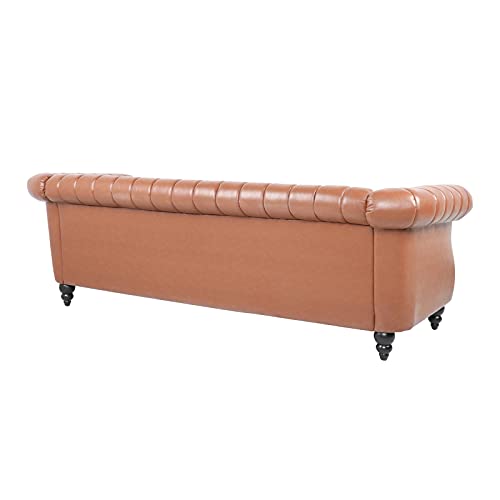 Chesterfield PU Leather Sofa Couch, Living Room Rolled Arm Three Seater Sofa