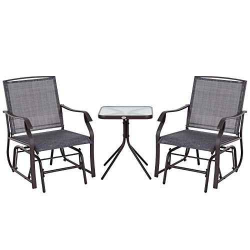 Outsunny 3 Pcs Outdoor Gliders Set Bistro Set with Glass Top Table for Patio, Garden, Backyard, Lawn, Grey