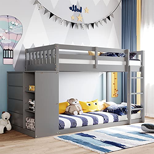 Twin Over Twin Bunk Bed with Storage, Wood Bunk Beds with 4 Drawers and 3 Shelves, Low Bunk Beds for Kids, Toddlers Girls Boys, Teens, Adults (Grey)