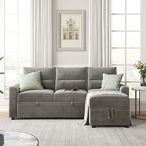 HANTURE 82.5 Reversible Sleeper Sectional Sofa Couch with Pull-Out Sleeper Corner Sofa Bed with Storage Chaise and 6 Side Pockets Fabric Convertible L Shaped Couch Modern Sofa Bed, Medium