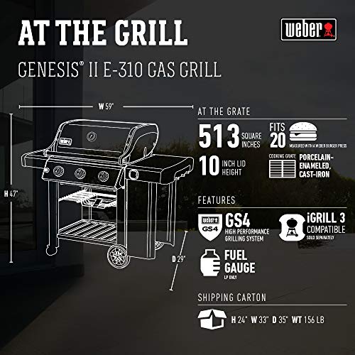 Weber 61011001 Genesis II E-310 Liquid Propane 3-Burner Grill, Black