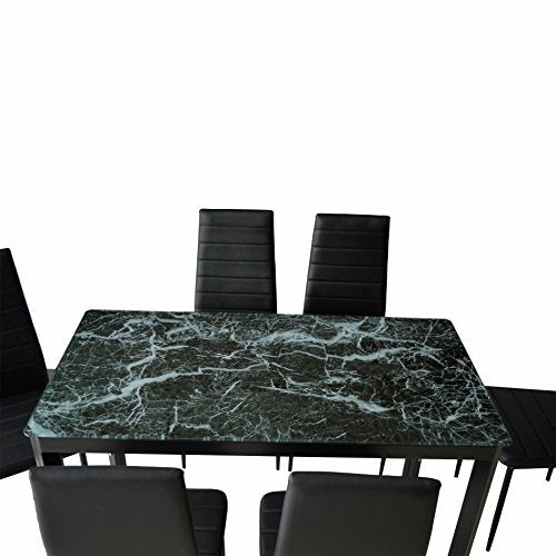 IDS Online 7 Pieces Home Dining Kitchen Furniture Set, with with Faux Marble Glass Top Metal Leg and Frame, Black,
