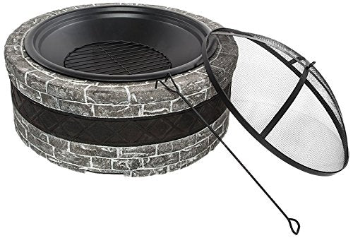 Sun Joe SJFP35-CS-STN Cast Stone Base, Wood Burning Fire Pit w/Dome Screen, Charcoal Gray