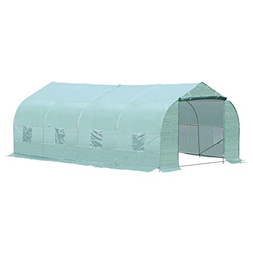Outsunny 20' x 10' x 7' Deluxe High Tunnel Walk-in Garden Greenhouse Kit with 8 Roll Up Windows & Steel Frames, Green
