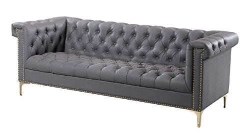 Iconic Home Winston Modern Tufted Gold Nail Head Trim Grey PU Leather Sofa with Gold Tone Metal Y-Legs
