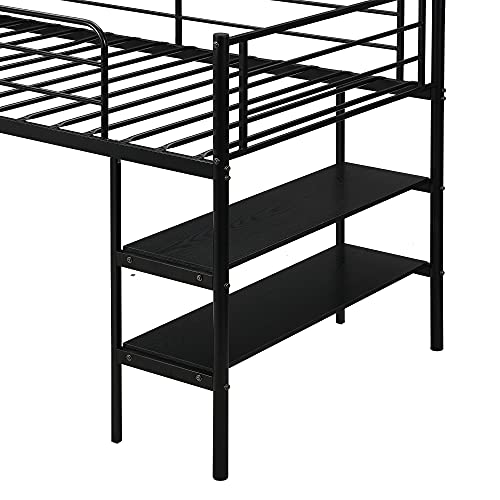 Loft Bed with Rolling Portable Desk, Metal Low Loft Bed with Shelves, Kids Loft Bed with Built-in-Desk for Kids and Teen, Boys, Girls(Black-B)