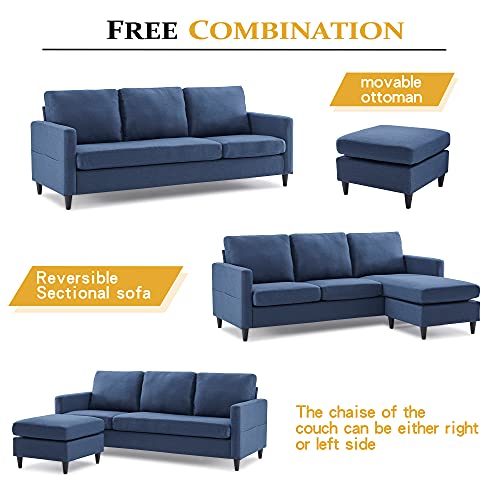 Merax Reversible Sectional Sofa with Handy Side Pocket，Living Room L-Shape 3-Seater Couch with Modern Linen Fabric Sofabed, Blue