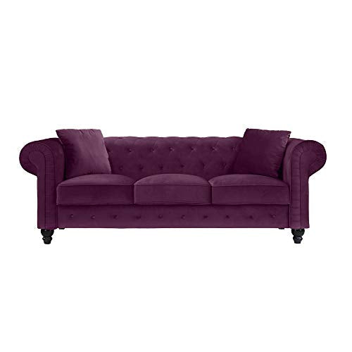 Casa Andrea Milano LLC Classic Velvet Scroll Arm Tufted Button Chesterfield Sofa (Grey), Large, Purple