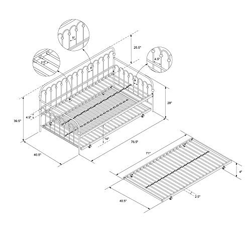 Novogratz Bright Pop Twin Metal Daybed and Trundle, Stylish & Multifunctional, Built-in Casters, Black