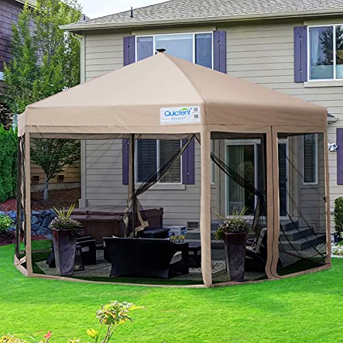 Quictent 13’ X 13’ Hexagonal Gazebo with Solar Powered LED Lights Pop up Canopy Tent with Mosquito Net ,Easy up Screened Canopy Gazebo, Beige