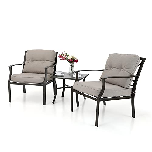 PHI VILLA Patio Conversation Sets 3 Piece Outdoor Patio Bistro Set, 2 Steel Patio Chairs with Padded Cushions & 1 Coffee Side Metal Table