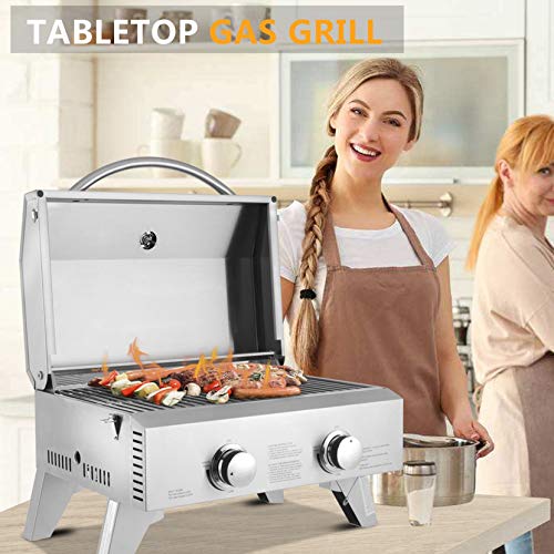 IHADA Tabletop Stainless Steel 2-Burner Gas Grill Portable 2000 BTU BBQ Grid with Foldable Legs for Outdoor Camping Picnic Quality Grill Barbecue for Picnic Garden Terrace Camping Travel