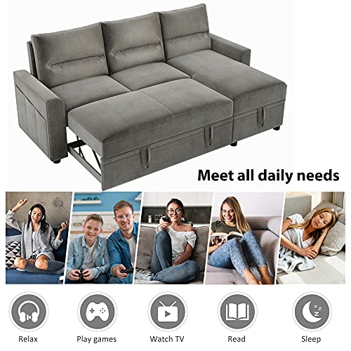 Vanvande Reversible 3-Seat Sectional Sofa with 2 Pull-Out Sleepers, Space Saving Functional Sofa Bed, Chaise with Loveseat, Fabric