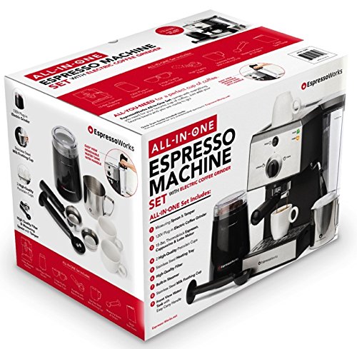 Espresso Machine & Cappuccino Maker with Milk Steamer- 15 Bar Pump, 7 Pc All-In-One Barista Bundle Set w/ Built-in Frother (Inc: Coffee Bean Grinder, Milk Frothing Cup, Tamper & 2 Cups), 1350W (Silver)