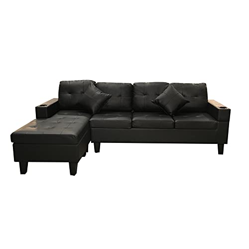GAOFEIYANG 98” Sectional Sofa with Reversible Chaise Lounge, 4 Seating Leather L-Shape Couch Living Room Furniture Set with Cup Holders, Black
