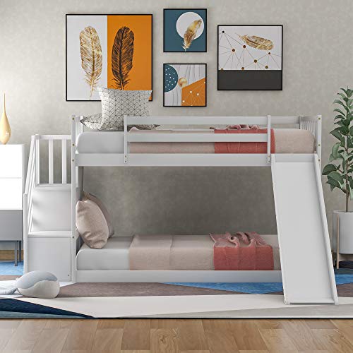 Twin Over Twin Bunk Bed with Convertible Slide and Stairway, Wood Low Bunk Bed for Kids,White