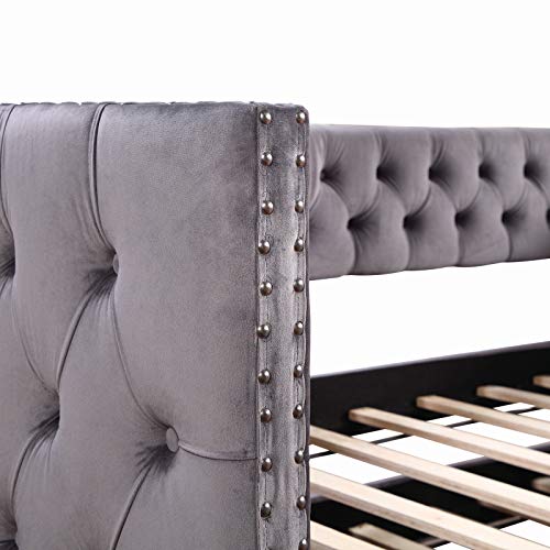 SOFTSEA Twin Daybed with Trundle, Tufted Sofa Bed with Nailhead Trim, Upholstered Daybed Frame, Grey