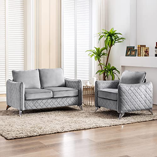 Artechworks Velvet Modern Loveseat Sofa Couch, Tufted Upholstery, Comfy Reception Love Seats, 2- Seat Chair Couch for Office, Home, Bedroom, Living Room, Apartment, Silver Tone Metal Legs, Grey
