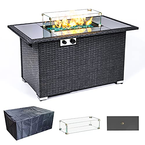 Propane Gas Fire Pit Table with ETL Certified, 44'' 50,000 BTU Outdoor Rattan & Wicker-Look Square Gas Fire Pit Table Auto-Ignition Adjustable Flame, with Lid, Glass Wind Guard, Glass Stone