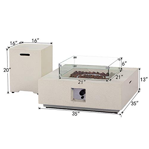 COSIEST 35-inch Square Outdoor Sandstone Propane Fire Pit w Wind Guard and Side Table, 50,000 BTU Stainless Steel Burner, Free Lava Rocks and Rain Cover, Metal Lid