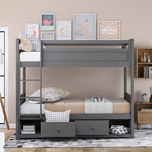 Twin Over Twin Bunk Bed, Bunk Bed Frame with Storage Drawers, Wooden Twin bunk Bed with Safety Rail Ladder, Grey