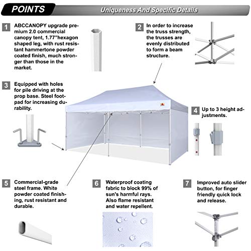 ABCCANOPY Premium Canopy 10x20 Pop Up Commercial Canopy Tent with Side Walls Instant Shade, Bonus Upgrade Roller Bag, 6 Weight Bags, Stakes and Ropes, White