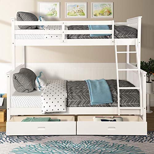 Bunk Bed, Harper&Bright Designs Solid Wood Twin Over Full Size Beds Frame with 2 Storage Drawers, Easy Access Ladder, Safety Guard Rail for Kids Toddlers Boys Girls Bedroom, Guest Room, White