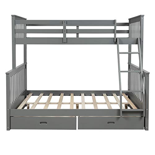 Harper & Bright Designs Twin-Over-Full Bunk Beds Wood Bunk Bed Frame with Drawers for Kids, Gray