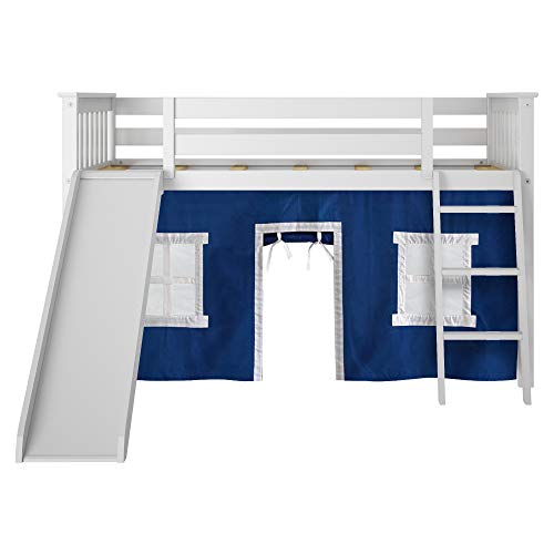 Max & Lily Twin Low Loft Bed with Slide and Blue Curtains, White