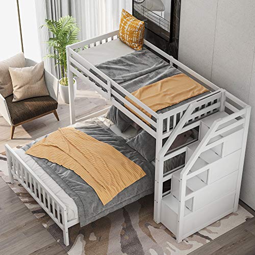 Twin Over Full Loft Bed with Storage, Wood Bunk Bed with Stairs, White