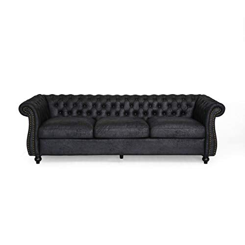 Vita Chesterfield Tufted Microfiber Sofa with Scroll Arms, Black
