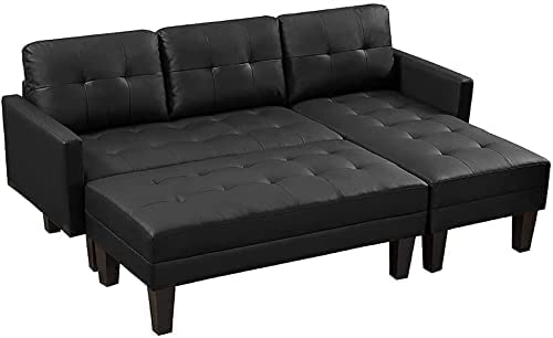 RINIMEI L-Shaped Tufted Cushion Corner Couch Faux Leather Upholstery Sectional Sofa Easy Assemble with Reversible Chaise Lounge & Ottoman Bench for Home & Apartment Living Room Furniture Sets, Black