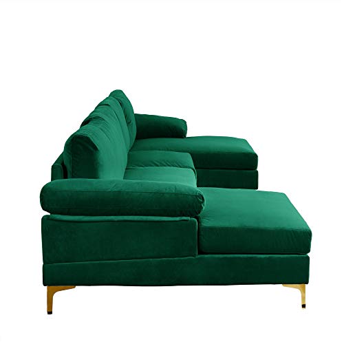 Casa Andrea Milano llc Modern Large Velvet Fabric Sectional Sofa Couch with Extra Wide Chaise Lounge with Golden Legs, U Shaped, Green