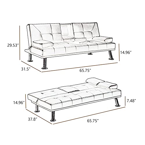ZSY Sofas Faux Leather Loveseat Sofa Bed with Cup Holders, Convertible Folding Sleeper Couch Bed