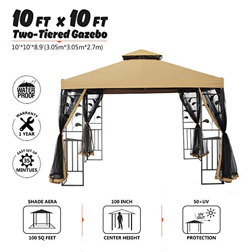 SUNA OUTDOOR 10x10 Ft Outdoor Gazebo Steel Frame Two-Tiered Top Canopy, Leaf Screen Decor Gazebo with Adjustable Netting for Garden Backyard, Tan