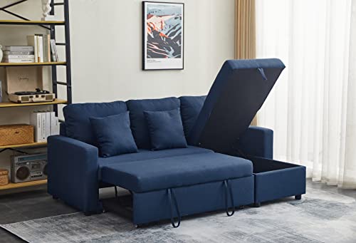 GURLLEU LG-1874-Blue Sleeper Sectional Sofa with Storage Pull Out Bed for Living Room, Full XL, Blue