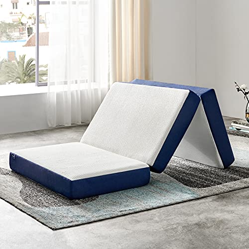 JINGWEI Folding Mattress, Tri-fold Memory Foam Mattress Topper with Washable Cover, 6-Inch, Queen Size, Play Mat, Foldable Bed, Guest beds, Camp Portable Bed, 58