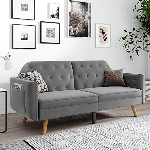 LoLado Futon Sofa Bed Convertible Sleeper Sofa Couch wit Armrests Modern Velvet Sofa Bed for Living Room Office Folding Recliner Futon Couch with Wood Legs