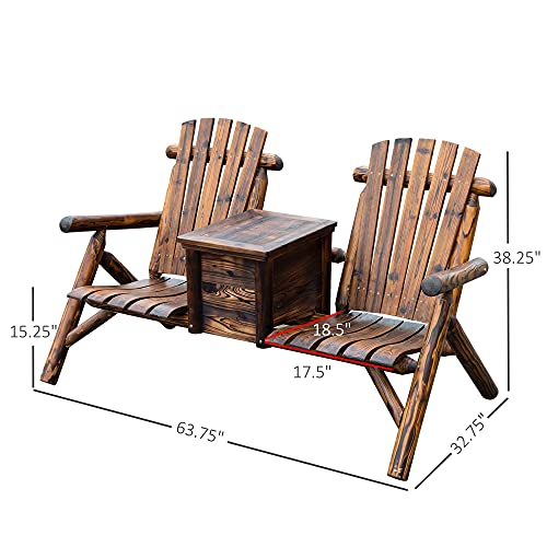 Outsunny Wooden Double Adirondack Chair Loveseat with Inset Ice Bucket, Rustic Aesethic, & Weather-Resistant Materials