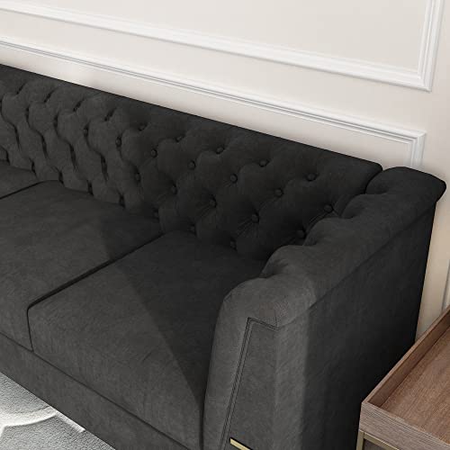 Sectional Sofa Couch with Deep Button Velvet 3 Seat Gold Metal Feet for Living Room,82