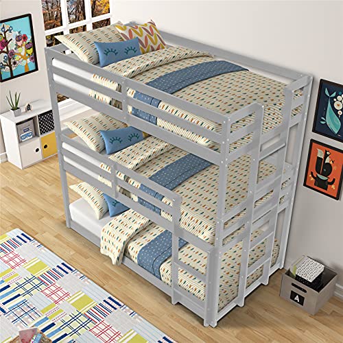 Triple bunk Bed, Twin Over Twin Triple Bunk Beds Wood Detachable Bed Frame Can Convertible Into Bunk Beds / Loft Bed for Kids/Adults, Gray
