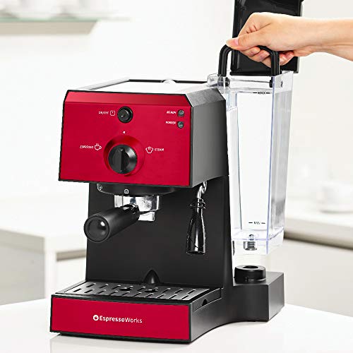 Espresso Machine & Cappuccino Maker with Milk Steamer- 15 Bar Pump, 7 Pc All-In-One Barista Bundle Set w/ Built-in Frother (Inc: Coffee Bean Grinder, Milk Frothing Cup, Tamper & 2 Cups), 1350W (Red)