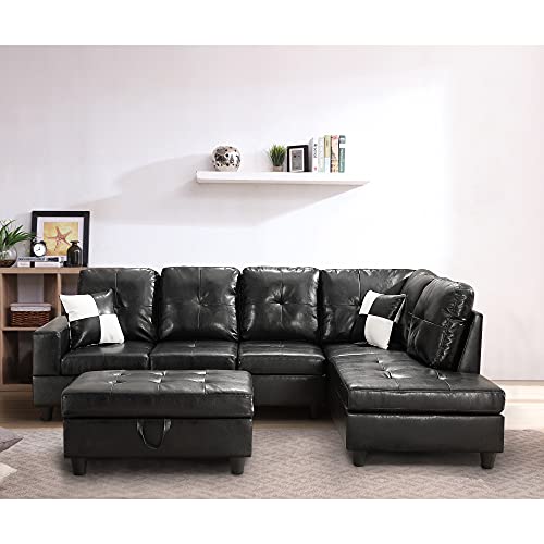 Longrune PU Sectional Couch L-Shaped Sofa Sets for Living Room with Right Chaise & Ottoman & 2 Pillows, Black