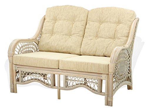 Malibu Lounge Loveseat Sofa Natural Rattan Wicker Handmade Design with Cream Cushions, White Wash